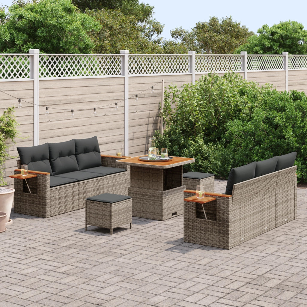 Set divano da giardino da 9 pezzi con cuscini in polyrattan grigio legno di acacia