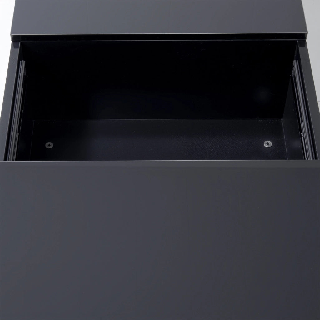 Tavolino da salotto 100x31x50 cm; piano lucido parziale con 2 cassetti; pannello truciolare nero