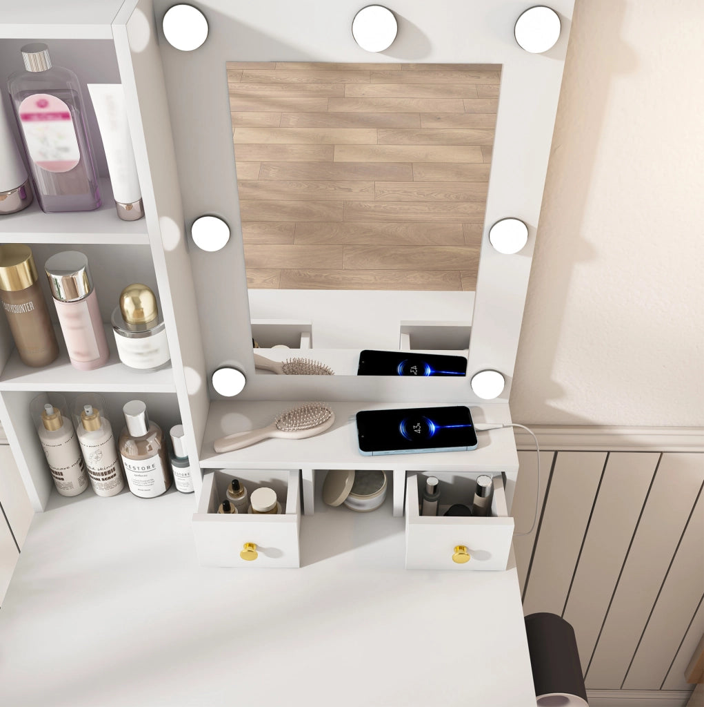 Tavolo da trucco con specchio LED a 3 modalità; presa elettrica; supporto phon e sgabello; bianco 60x131;5x38 cm