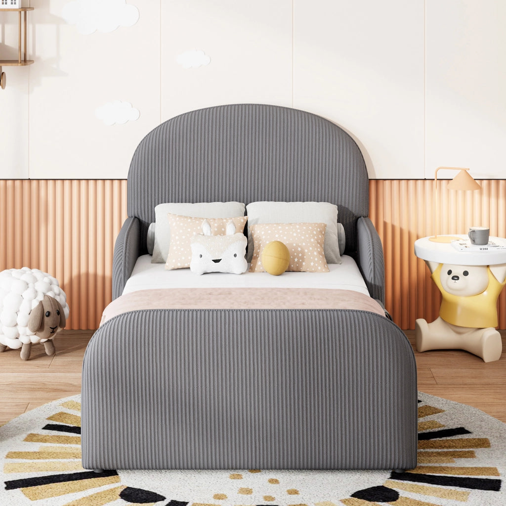 Letto imbottito 90x200 cm con contenitore idraulico; testiera alta in velluto grigio