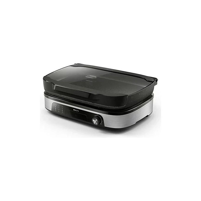 Philips grill da tavolo HD6212-90, 2400 W, affumicatore e infusore di aromi, piastre in pietra Maifan, coperchio in vetro, 1250 cm², nero