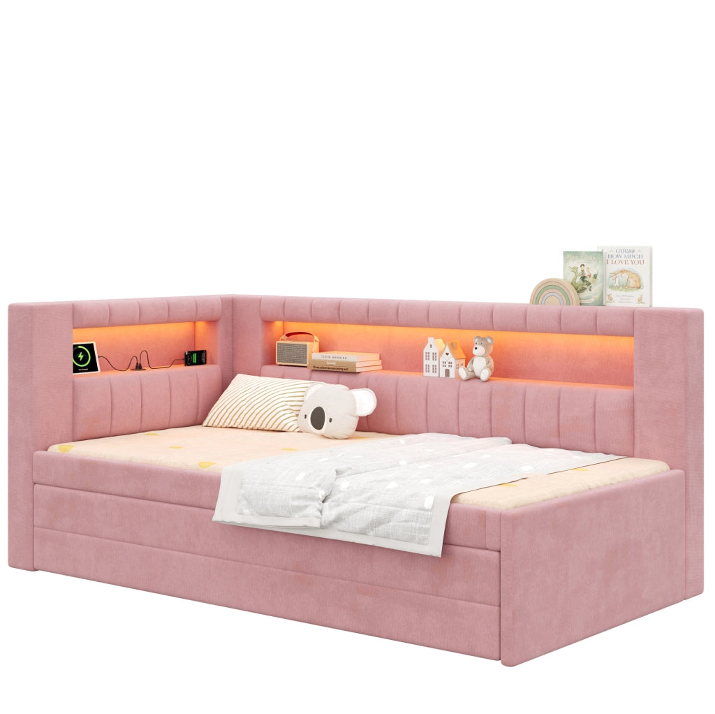 LETTO Imbottito 90x200 cm Rosa con LED, USB, Letto Estraibile e 3 Cassetti