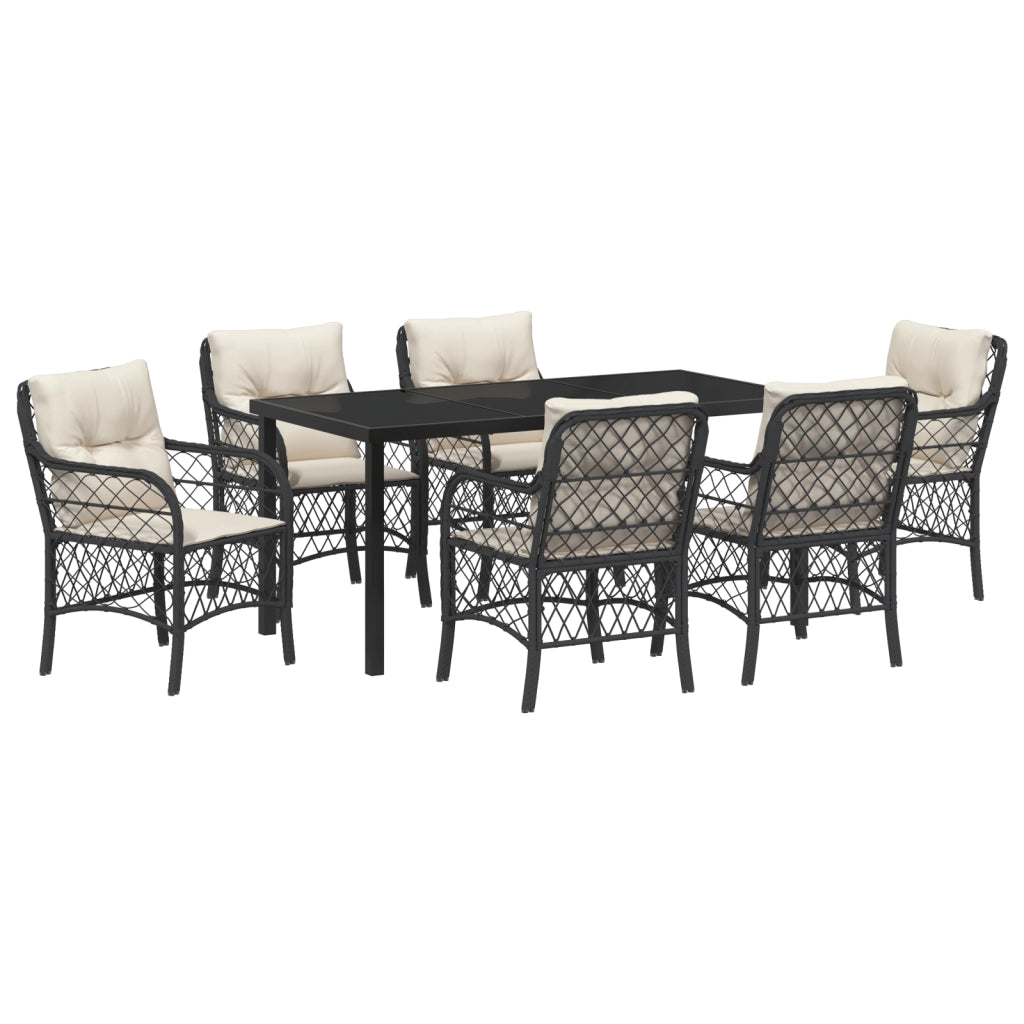 Set da Pranzo da Giardino 7 Pezzi con Cuscini Nero Rattan PE