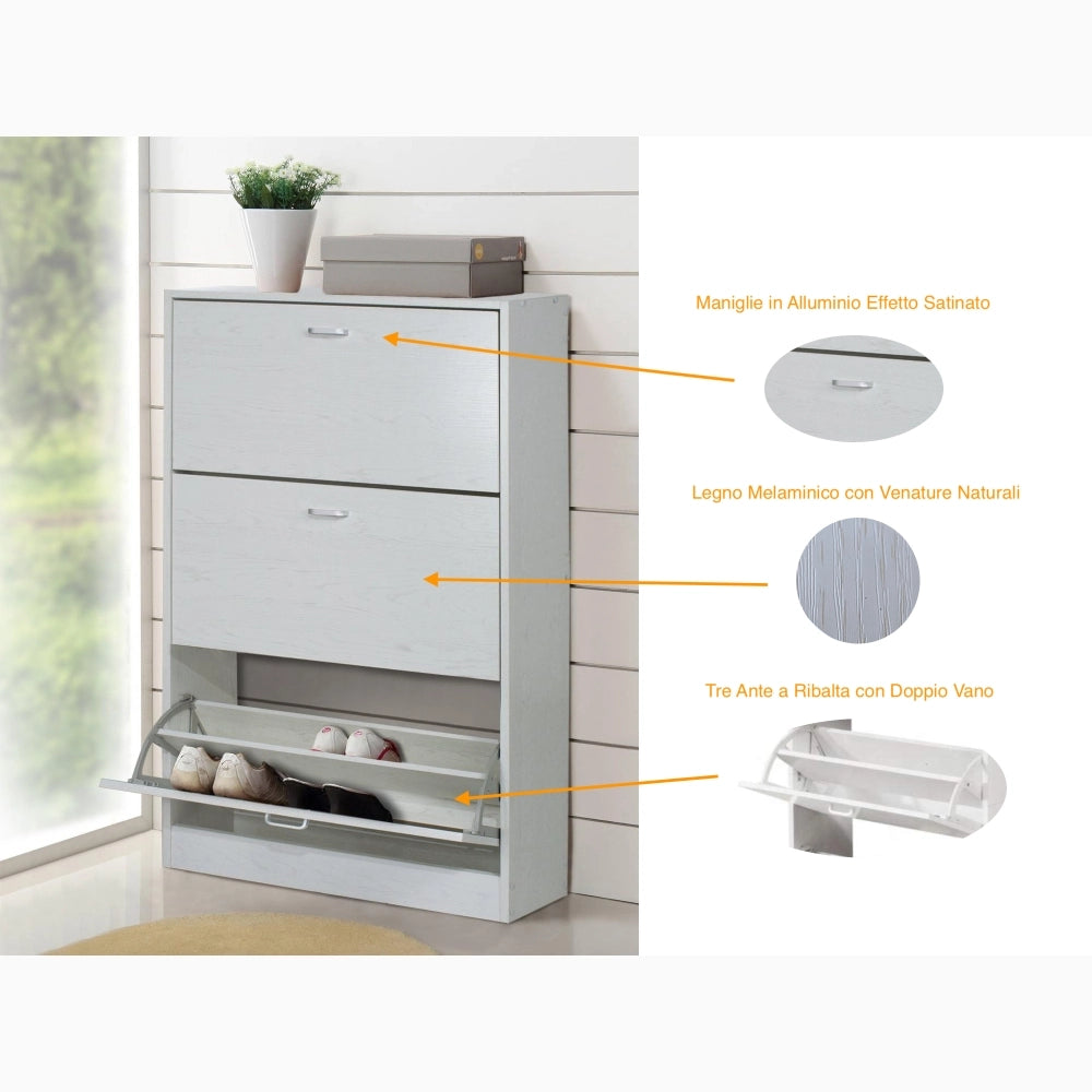 Scarpiera in Legno 3 Ante colore CEMENTO Mobiletto 18 Paia 63x24x115H cm (CD101-CE)