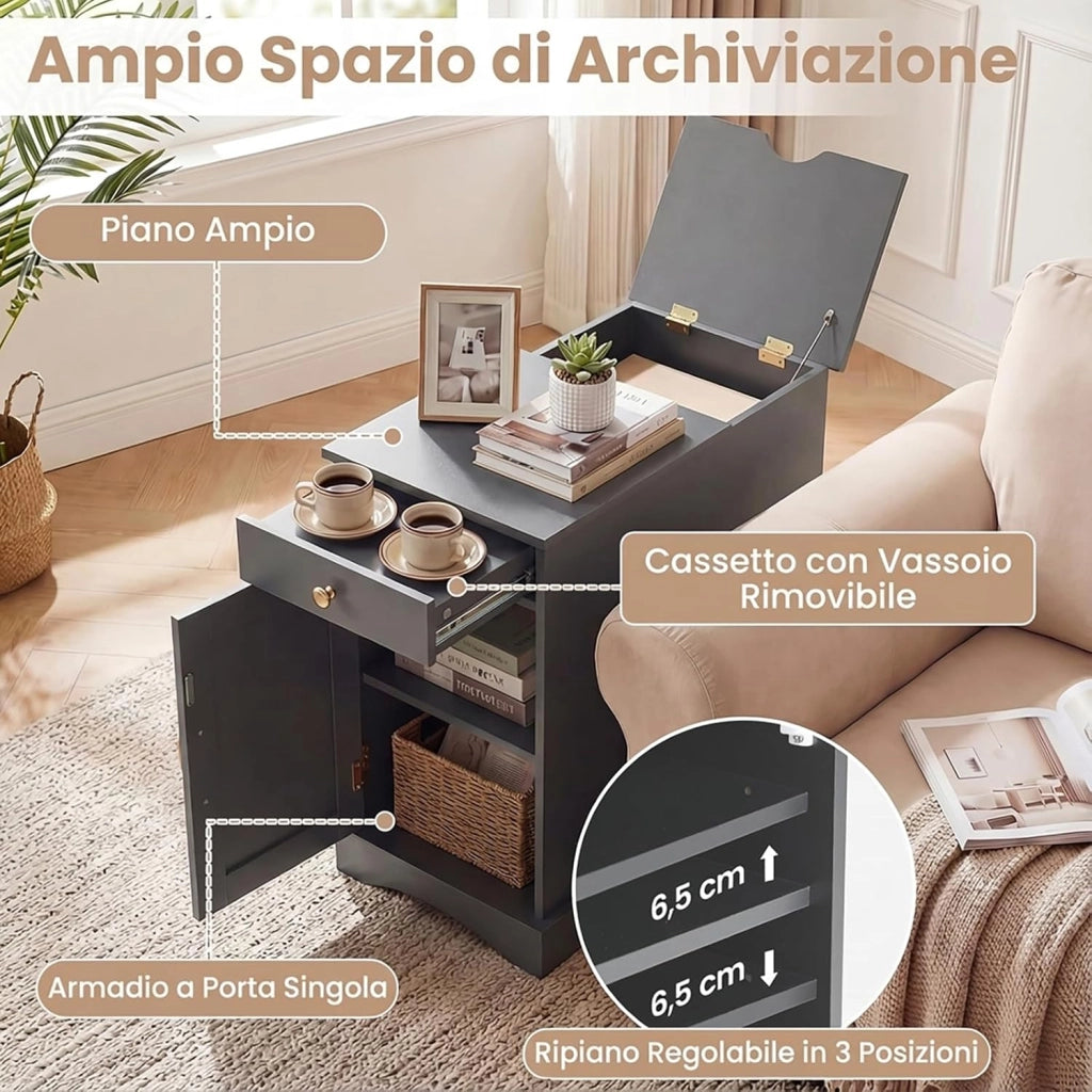 Tavolino da Salotto con Stazione di Ricarica, Cassetto, Armadietto e Ripiano Regolabile, Tavolino in Legno per Soggiorno, Camera da Letto e Spazi Piccoli (Grigio)