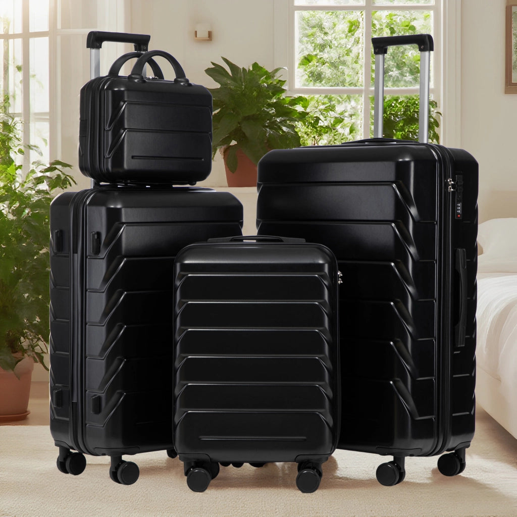 Set di valigie 4 pezzi in ABS nero con ruote doppie girevoli e beauty case da 14 pollici per il viaggio