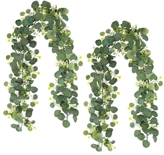Guirlande di Eucalipto Artificiale, 2 Pezzi di Guirlande di Pianta Artificiale, 1,8m Decorazione a Sospensione di Foglie Verdi con Fiore Bianco, Pianta Artificiale a Sospensione per Decorazione di Matrimonio, Arcobaleno di Matrimonio, Giardino
