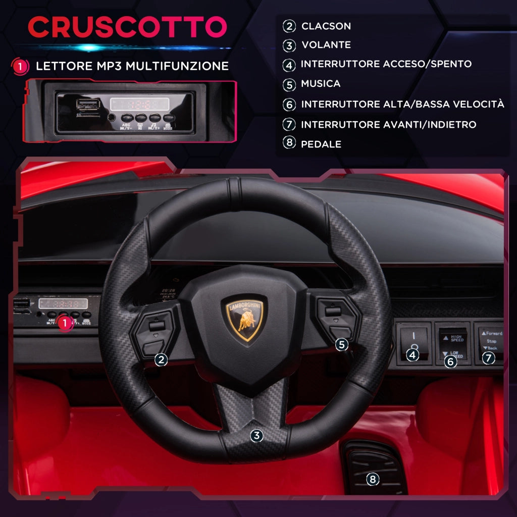 EasyComfort Macchina Elettrica per Bambini 3-5 Anni 12V Lamborghini SIAN, 3-5km/h Auto Elettrica per Bambini con 2 Motori, Fari e Musica, Telecomando, Cintura e Clacson, Rosso
