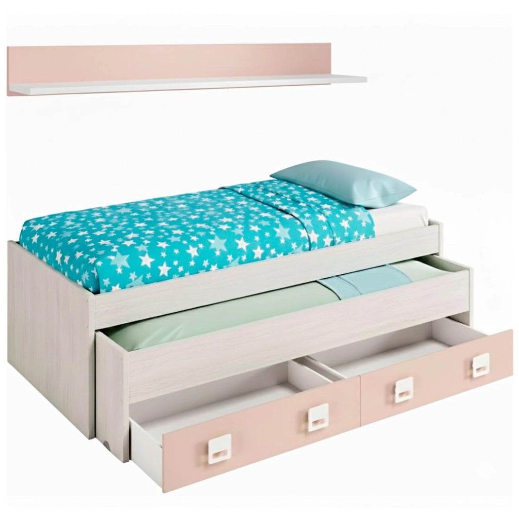 Letto Per Cameretta Con Letto Estraibile Due Cassetti E Mensola Contenitore Salvaspazio Per Bambini E Ragazzi Stile Moderno 65 x 199 x 96 Cm Bianco Alpi E Rosa