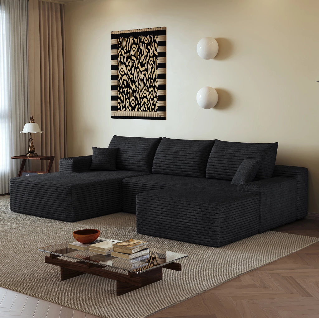 Divano in velluto a coste rigato nero 270 × 175 × 83 cm