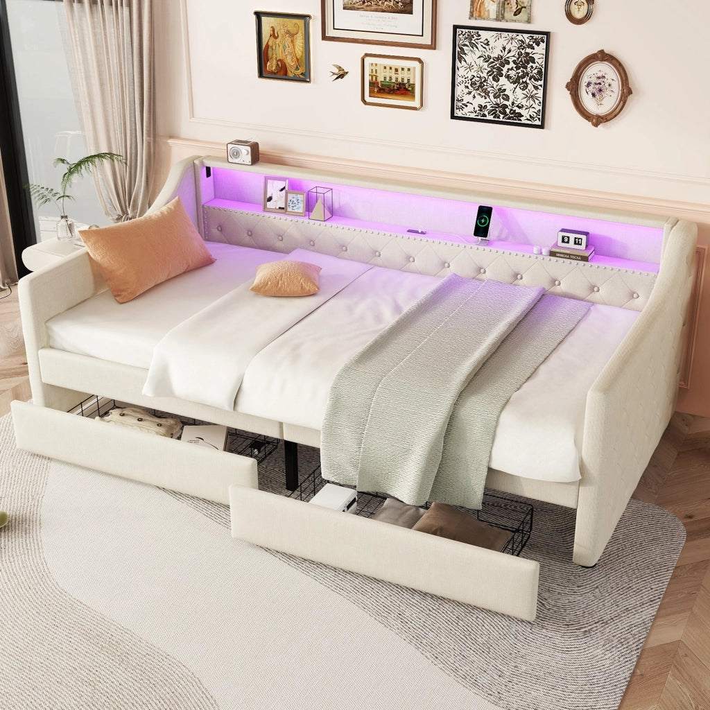 OKWISH Letto a Divanetto 90×200 cm, Letto Singolo con LED Multicolore, 2 Cassetti, USB e Telecomando, senza Materasso, in Lino, Beige