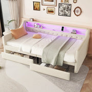 OKWISH Letto a Divanetto 90×200 cm, Letto Singolo con LED Multicolore, 2 Cassetti, USB e Telecomando, senza Materasso, in Lino, Beige