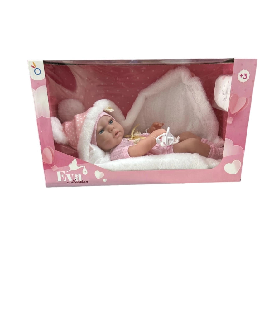 Bambolotto,Eva collection, bambolotto con vestito rosa e copertina  rosa con orecchie,Hunary Toy,eta 3+