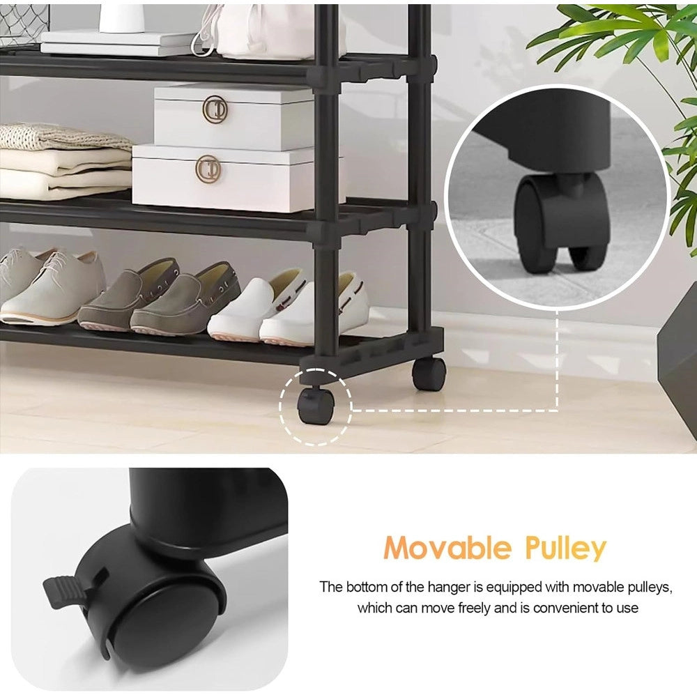 Trade Shop - Appendiabiti Da Terra Stand Con Ruote 3 Scomparti Portaoggetti Doppio Bastone A Scomparsa -