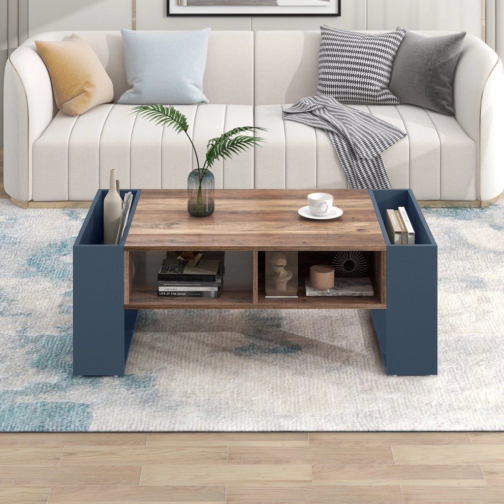 Tavolino da Caffè con 1 Cassetto senza Maniglia; 3 Vani e Contenimento su Due Lati; Stile Moderno; in Pannello Truciolare; 111×60×40 cm; Nero Grigio