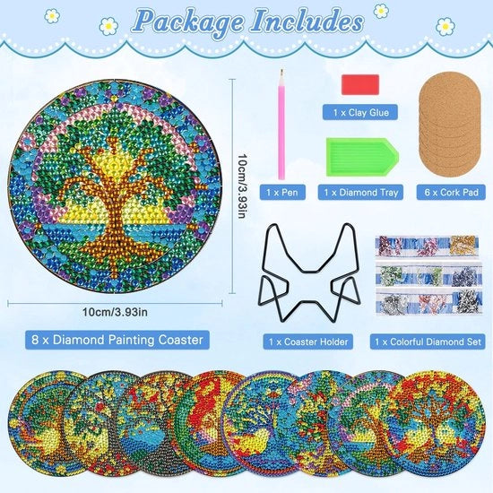 Onderzetters in ronde forma con supporto 8 pezzi - Kit di lavorazione con diamanti - Fai da te - Adatti per adulti e bambini - Inclusi diamanti extra