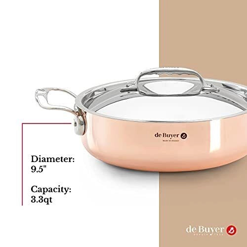 DE BUYER 6241.24 Prima Matera Casseruola bassa con coperchio in rame e acciaio inox 24 cm spessore 2 mm capacita' 3.1 l colore Rame e Acciaio Inox