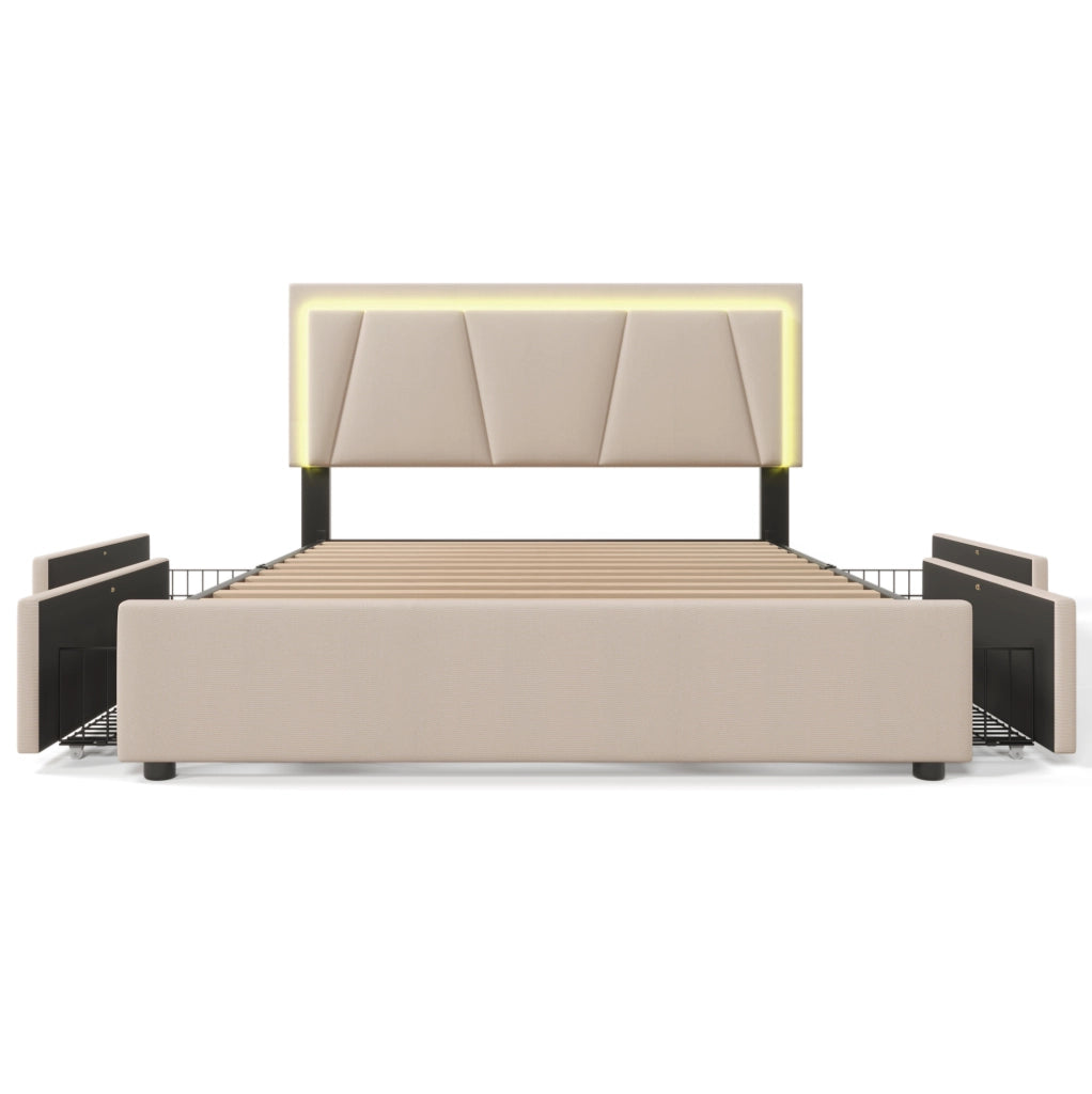 Letto matrimoniale beige 160x200 cm con LED, 4 cassetti e testiera regolabile