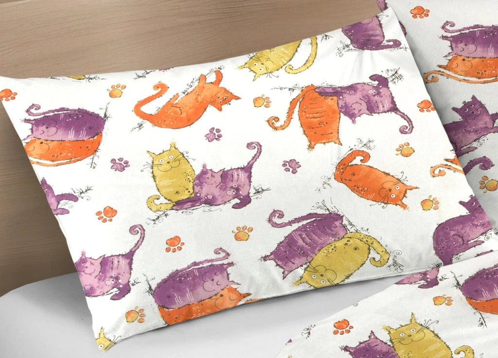 Sacco Copripiumino Piumone Letto In 100% Cotone Disegno Gatti Mod RP Micio Colorato Animali Made Italy - 1 Piazza - Arancio