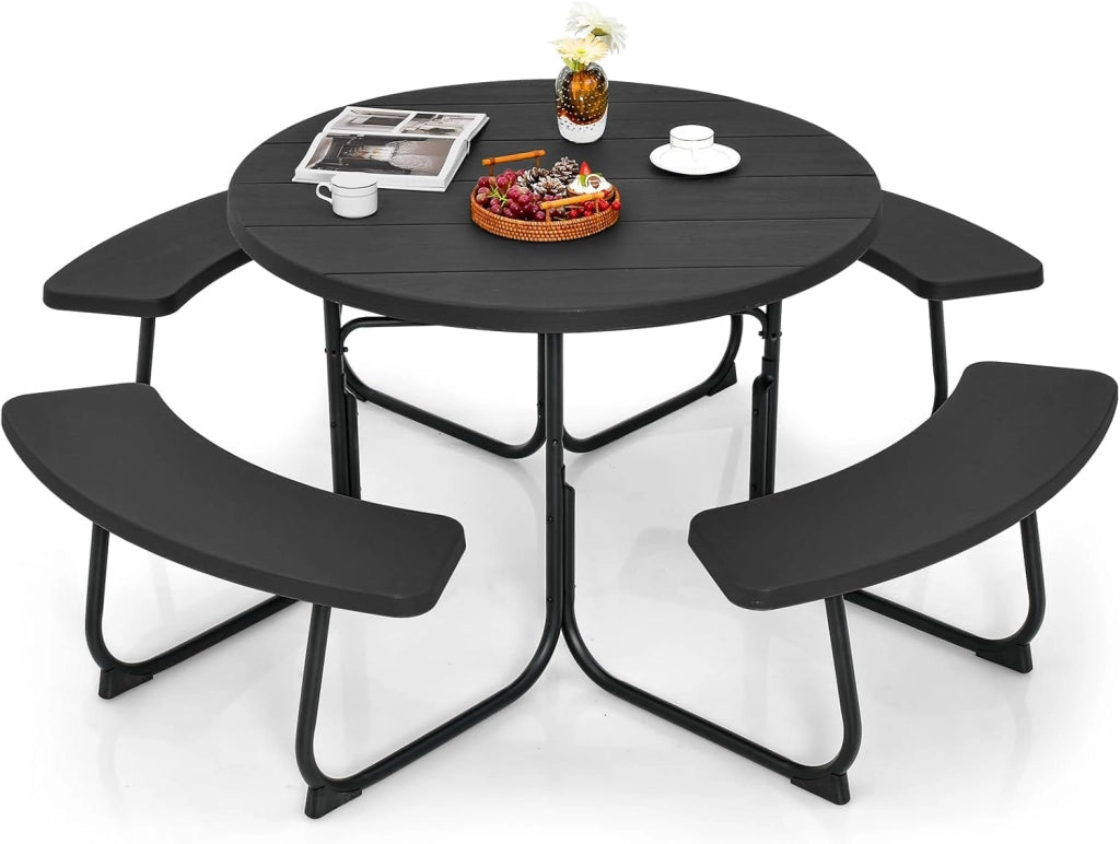 Set da Giardino e Picnic per 8 Persone, Tavolo Rotondo con 4 Panche Integrate, Tavolo da Birra in HDPE Impermeabile con Foro per Ombrellone, Arredamento da Esterno per Giardino e Terrazzo
