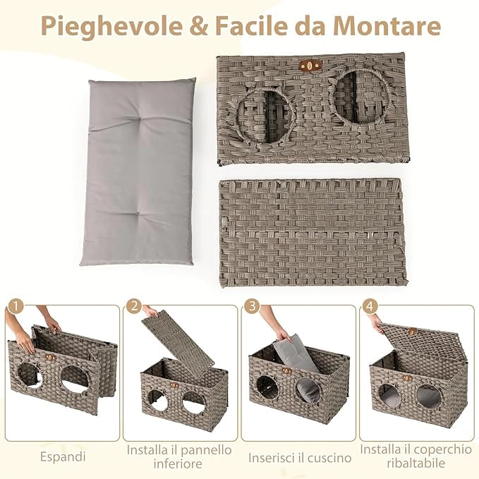Cuccia per Gatti in Rattan 60 x 35 x 35 cm, Casetta per Gatti con Cuscino Morbido Rimovibile e Coperchio Bloccabile, Comodino per Animali Domestici per Soggiorno e Camera da Letto