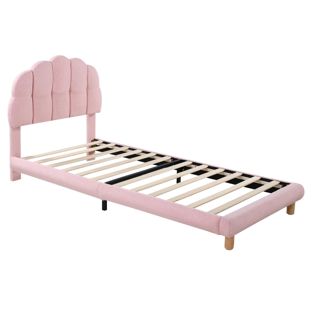 OKWISH Letto Singolo 90×200 cm, Letto Bambini con Testiera Imbottita Regolabile e 12 Doghe, senza Materasso, in Velluto, Rosa