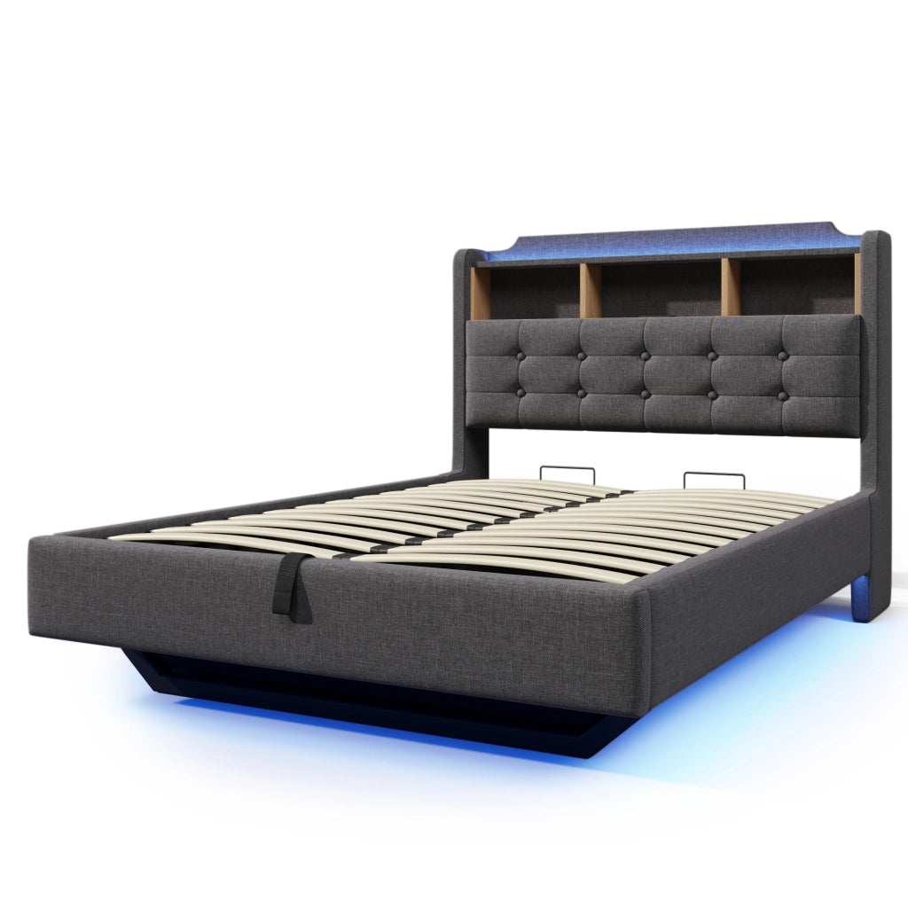Letto imbottito 140x200 cm grigio con contenitore idraulico e luce LED