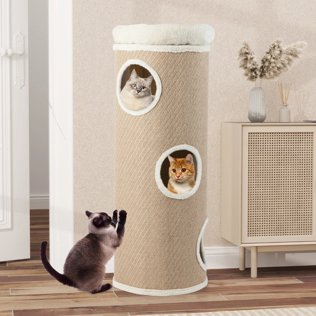 Casa per gatti a 4 piani con letto a caverna elevato, Tavoletta per graffi e altro ideale per pi¨´ gatti Marrone
