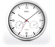 Orologio da parete con termometro e igrometro/a cassa in argento/a fondo bianco/25cm di diametro/circolare/Modello: 56730 / Colore: argento, bianco