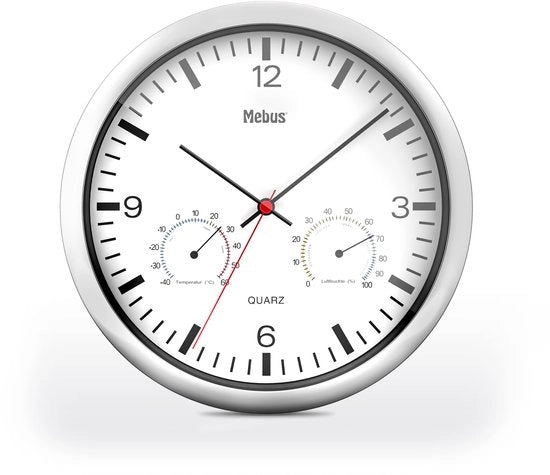 Orologio da parete con termometro e igrometro/a cassa in argento/a fondo bianco/25cm di diametro/circolare/Modello: 56730 / Colore: argento, bianco