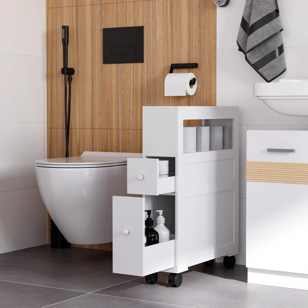 Mobiletto da Bagno 2 Cassetti Salvaspazio con 4 Ruote Legno 16x52x71.5cm Bianco