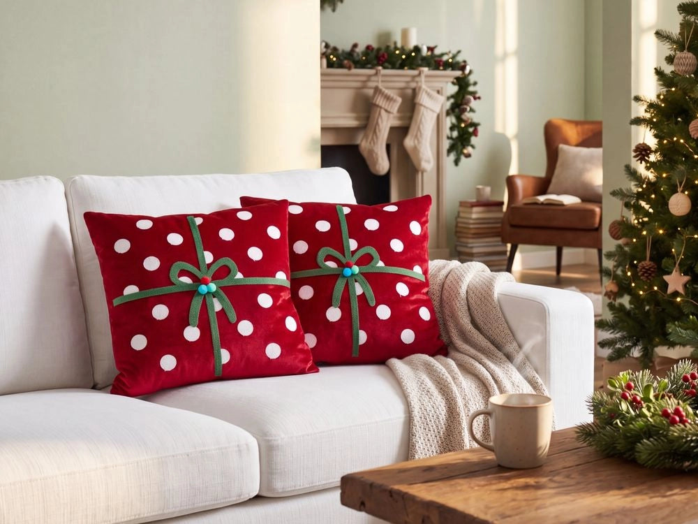 Set di 2 cuscini decorativi in tessuto di velluto rosso con motivo di regalo di Natale 45 x 45 cm Accessorio decorativo