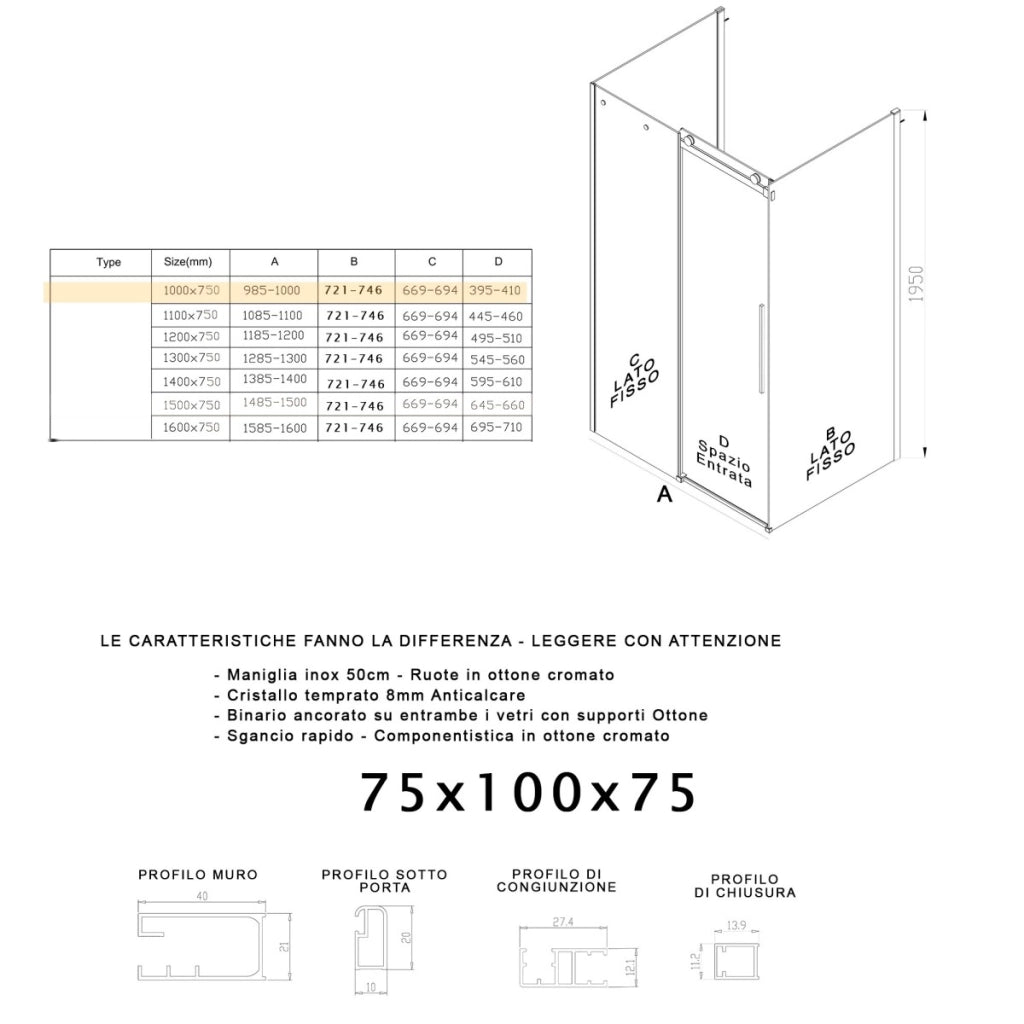 Box doccia tre lati porta scorrevole trasparente h195cm 8mm anticalcare euclide, misura 75x100x75