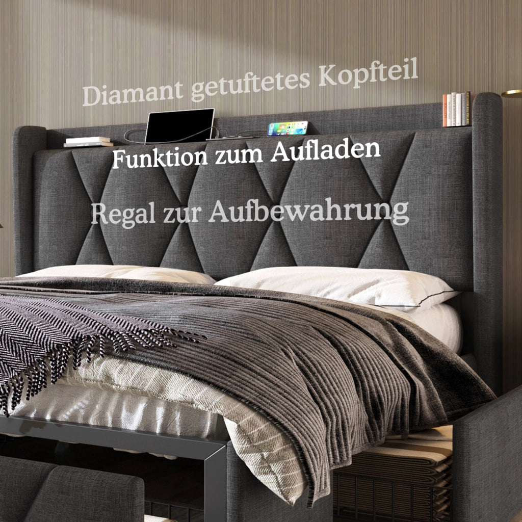 Letto matrimoniale 160x200 cm imbottito grigio in lino con 4 cassetti e porte USB