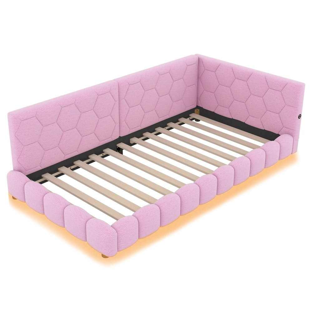Letto con testiera led e rete a doghe ¨C Minimal ¨C rosa tessuto 90x200cm con porta USB e Type-C