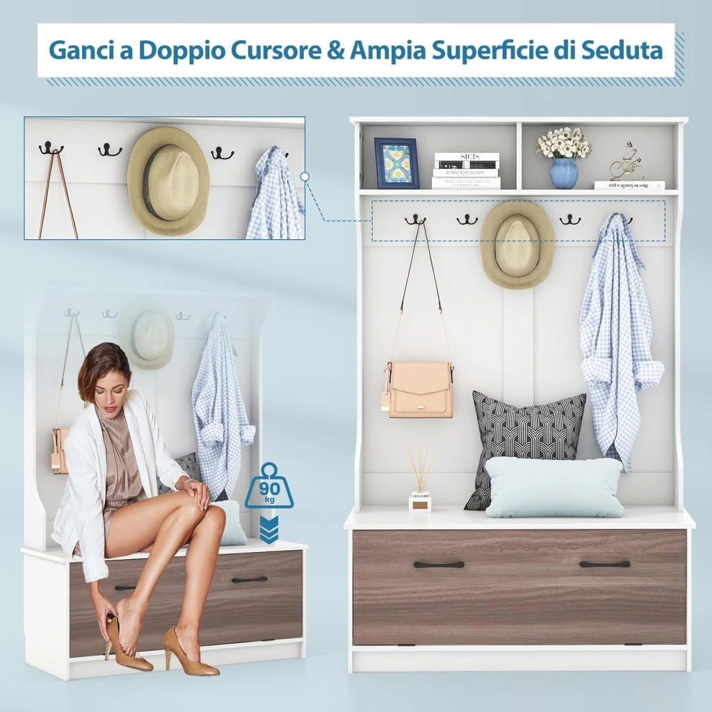 Armadio con Appendiabiti Multifunzionale, con Panca 5 Ganci Doppi, Organizzatore di Casa Indipendente per Ingresso Camera da Letto, 100x39x160 cm (Bianco)