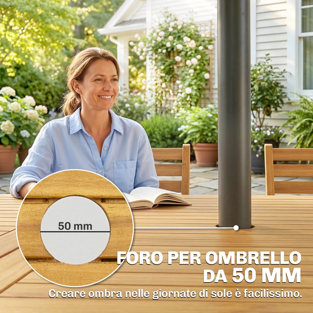 Set Pranzo 7 Pezzi, Tavolo Estensibile Legno e 6 Sedie Pieghevoli per Giardino