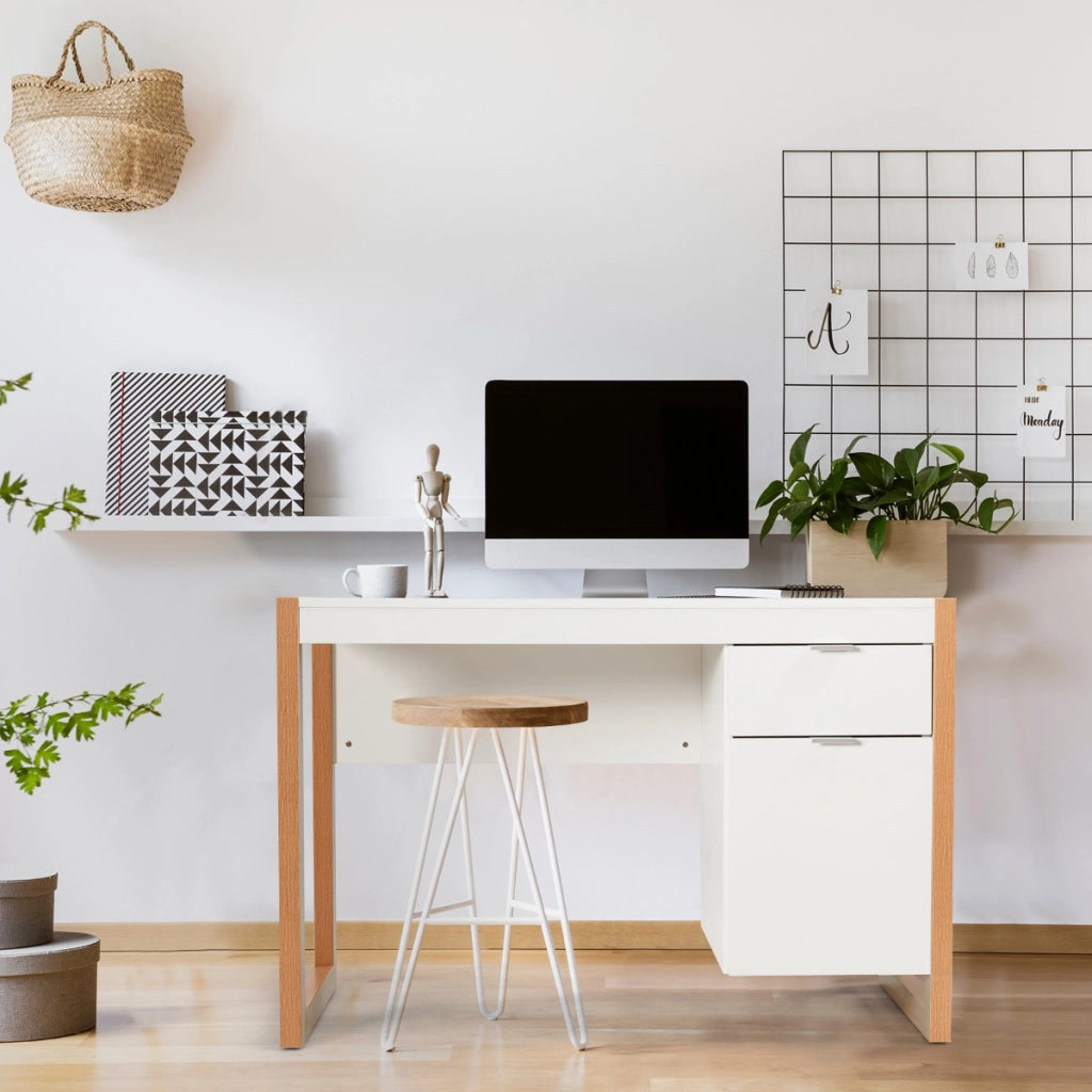 Scrivania moderna per computer con armadietto e cassetto per casa e ufficio, Postazione di lavoro elegante Bianco