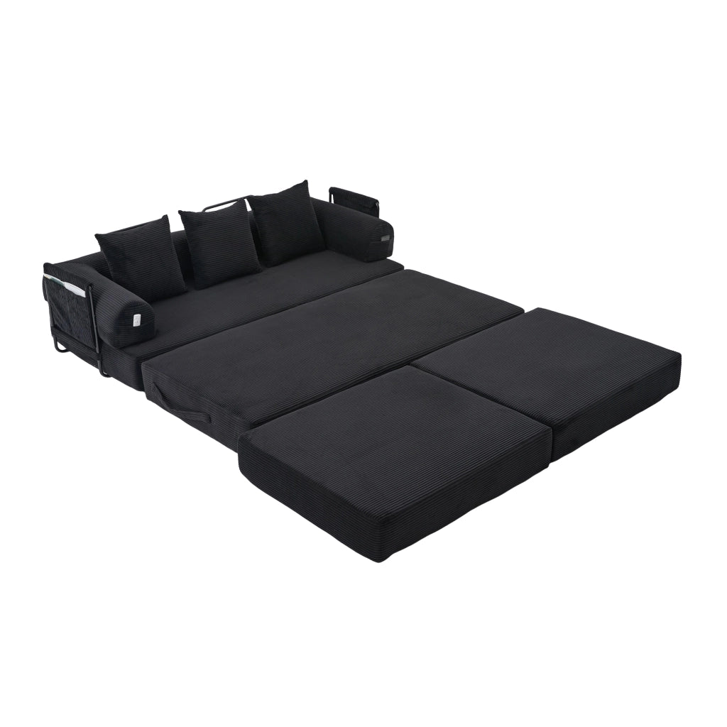 Divano modulare 200x190x67 cm con pouf e tasca laterale; velluto a coste nero