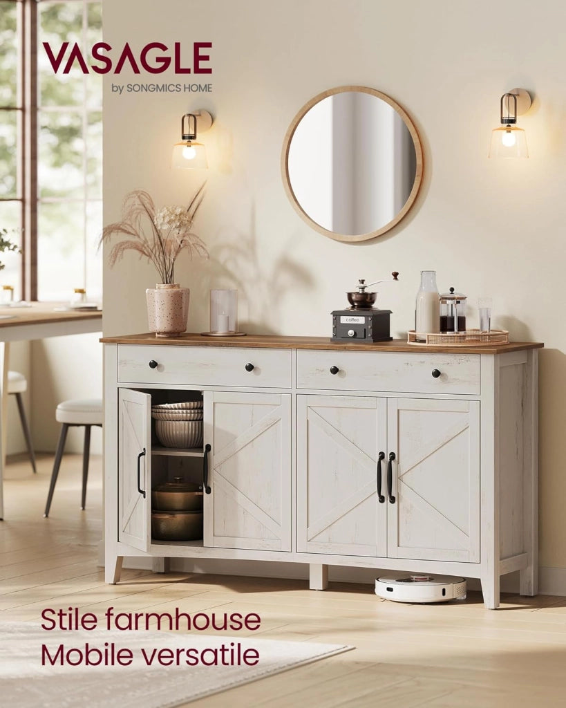VASAGLE Credenza Cucina, Mobiletto con Cassetti, Mobile con Ante e Ripiani Regolabili in Altezza, Stile Farmhouse, per Soggiorno Sala da Pranzo, 40 x 140 x 80 cm, Bianco Rustico e Noce Medio BBK381W02