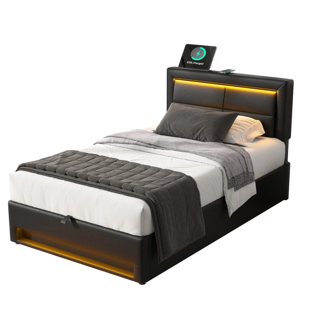 Letti contenitori 90x200 cm; USB e LED; contenitore; PU nero (Senza materasso)