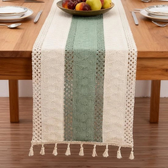 Tavolo da pranzo con tovagliolo, stile bohemien, eucalipto, cotone, 30 x 140 cm, bordo ricamato, rete, tovagliolo, tavolo, stile moderno, decorazione bohemien, stile rurale, lavabile, per cucina, matrimonio.
