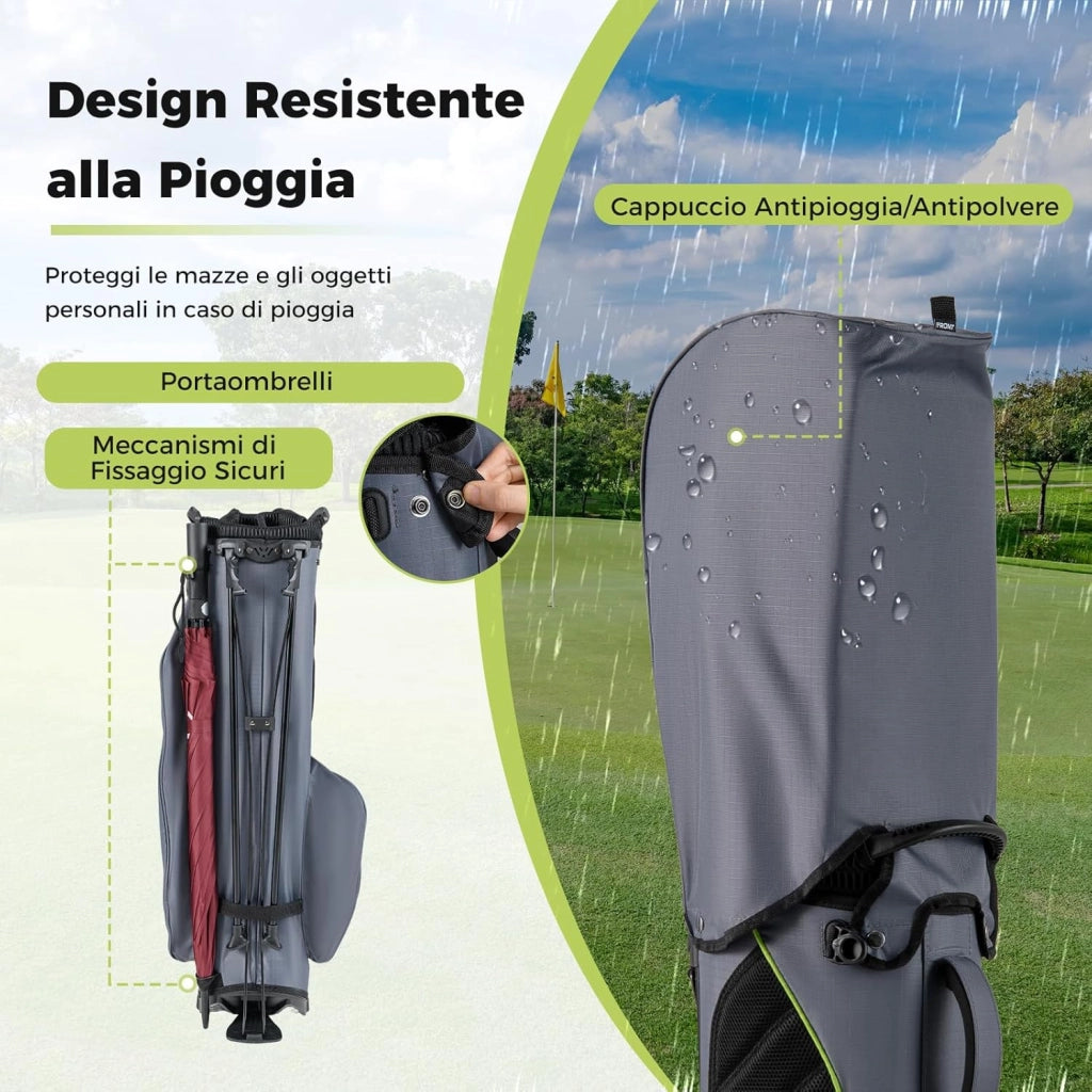 Borsa da Golf con Divisori Superiori a 8 Vie & 5 Tasche con Cerniera, Tracolla Regolabile a Doppia Spalla, Cappuccio Antipioggia e Portombrelli, Sacca da Golf per Donna e Uomo