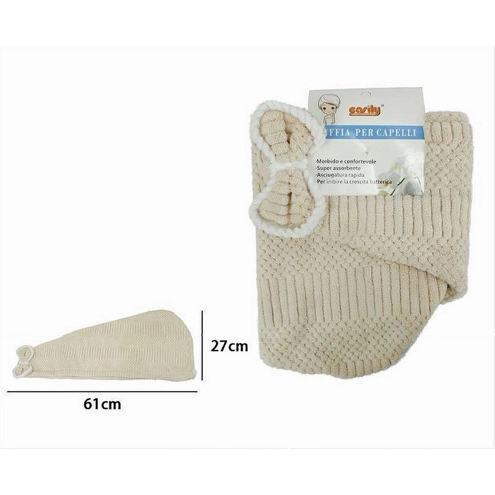 Trade Shop - Cuffia Asciugamano Shampoo Bagno Doccia Asciuga Capelli Fiocchetto Beige 79633 -