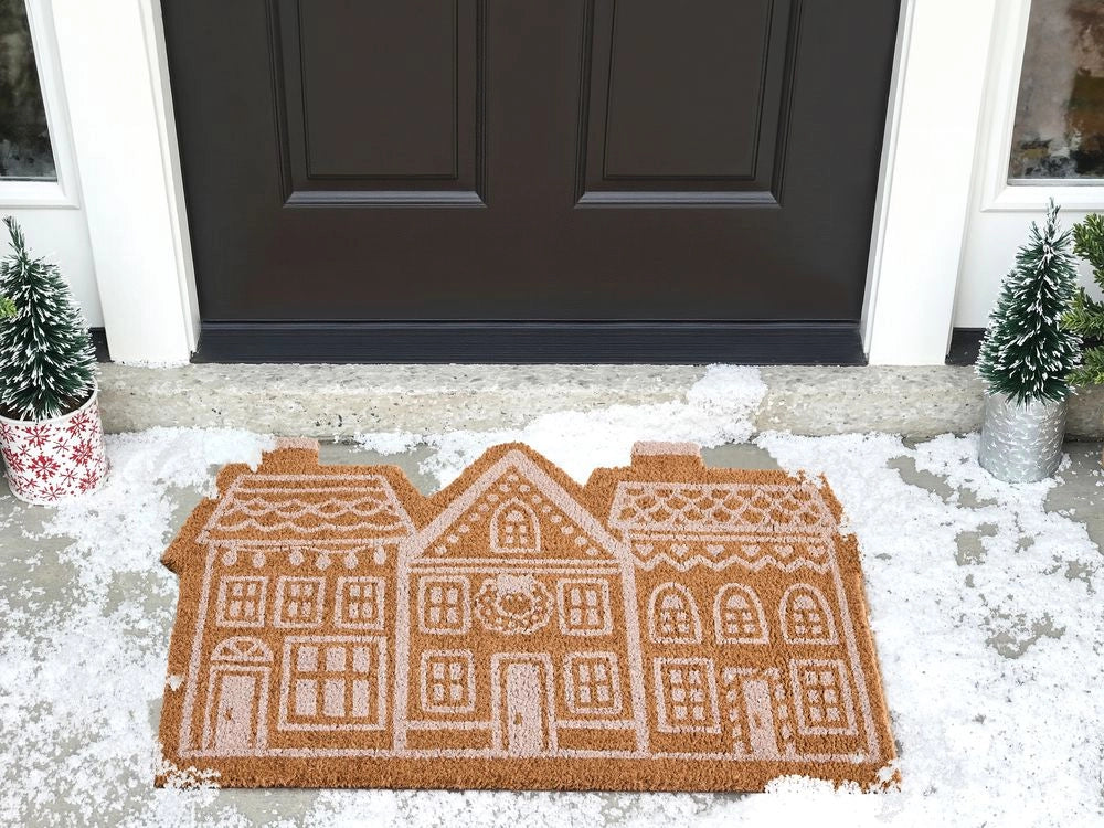 Zerbino in fibra di cocco naturale con fondo in gomma 60 x 90 cm Natale Xmas Gingerbread House Motivo festivo Antiscivolo
