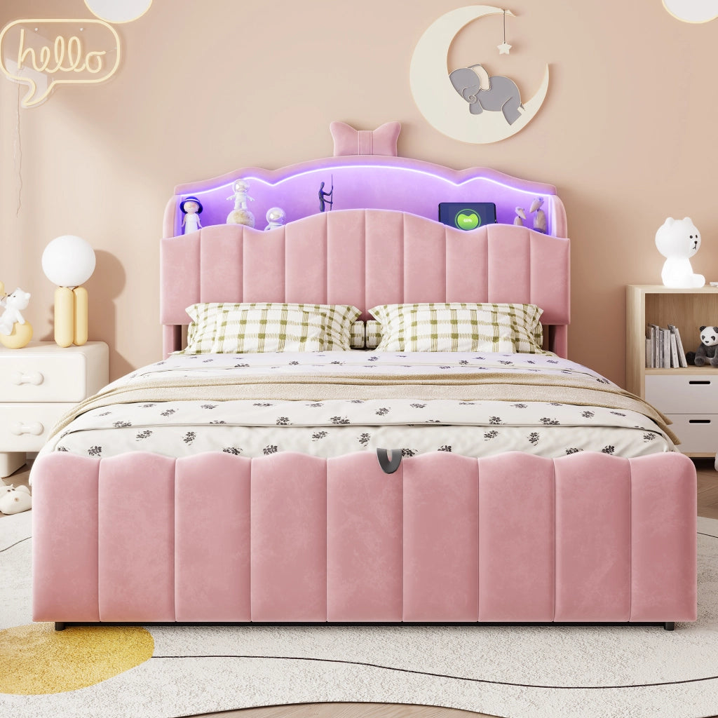 Letto per bambini 140 × 200 cm con contenitore idraulico, LED colorati, USB e USB-C, senza materasso, rosa