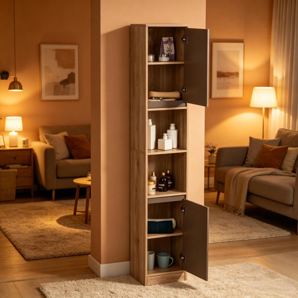 Armadietto da bagno alto e stretto con 2 ante, 2 vani aperti e ripiani regolabili, in MDF e truciolare, grigio rovere