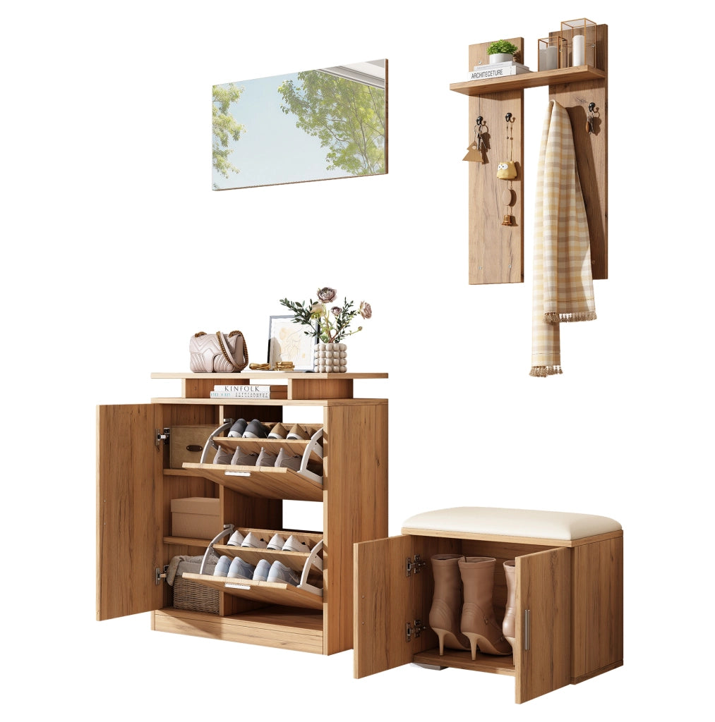 Set guardaroba da ingresso con panca, scarpiera, specchio e appendiabiti naturale