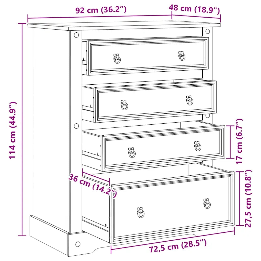 Cassettiera Corona 92x48x114 cm in Legno Massello di Pino 4005675