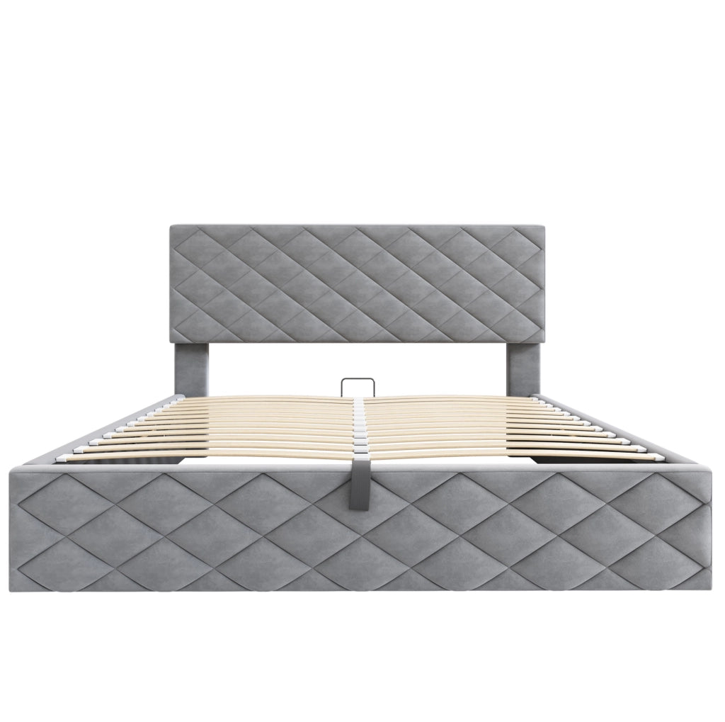 Letto imbottito 140x200 cm con contenitore e rete a doghe in velluto grigio